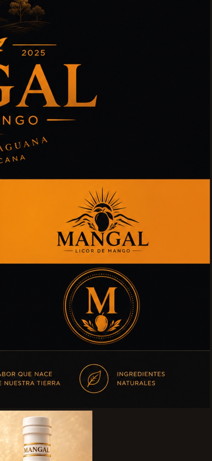 MANGAL · Licor de mango, logo negro sobre fondo naranja